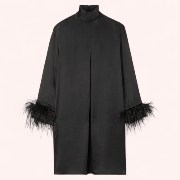 Sleeper NWT Elegant Black Silky Satin Party Ostrich Feather Trim Dress Size S - Picture 2 of 8